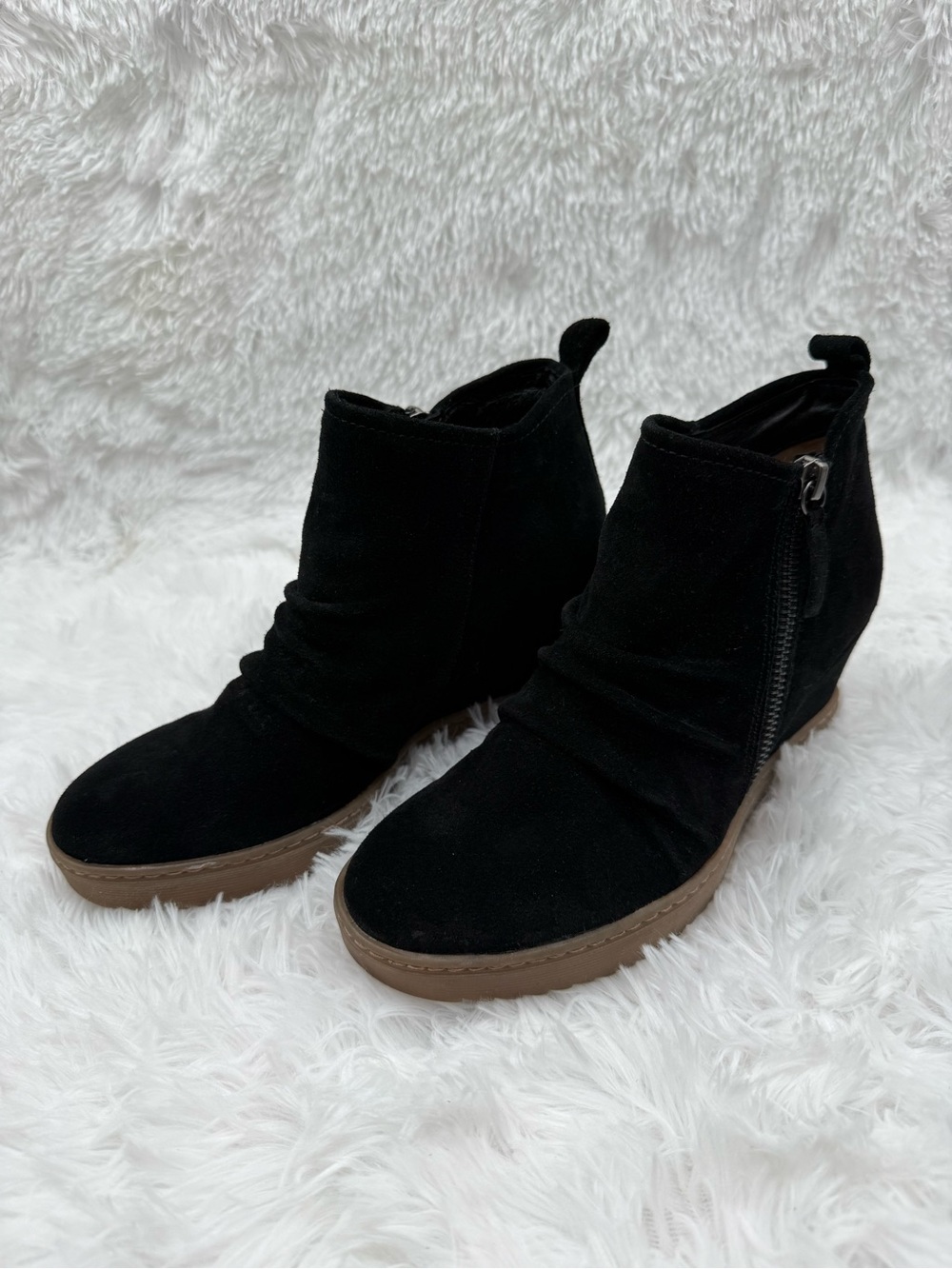 Sofft Boots Size 7M Black Waterproof Suede Wedge Booties with Brown Sole